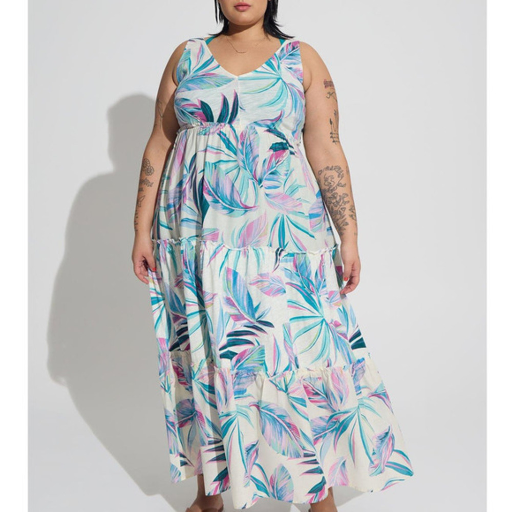 Torrid 1 (1x 14/16) Tropical Leaves Tiered Swim‎ Cover Up Beach Midi Sun Dress